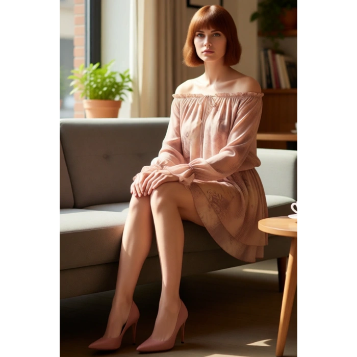 Kadın Soyut Desenli Carmen Yaka Bağlama Detaylı Balon Kol Fırfırlı Astarlı Skater Mini Elbise