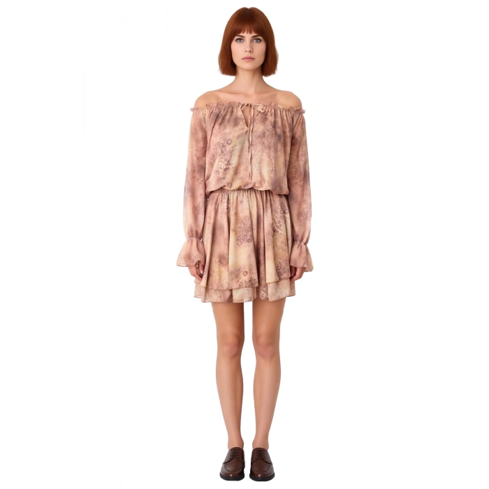 Kadın Soyut Desenli Carmen Yaka Bağlama Detaylı Balon Kol Fırfırlı Astarlı Skater Mini Elbise