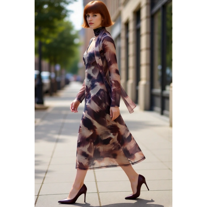 Kadın Soyut Desenli Midi A Line Elbise Esnek Tül Kumaşı ve V Yaka Tasarımıyla Günlük Konfor Sunar.