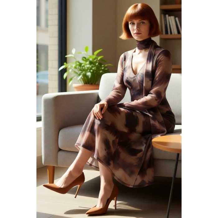 Kadın Soyut Desenli Midi A Line Elbise Esnek Tül Kumaşı ve V Yaka Tasarımıyla Günlük Konfor Sunar.