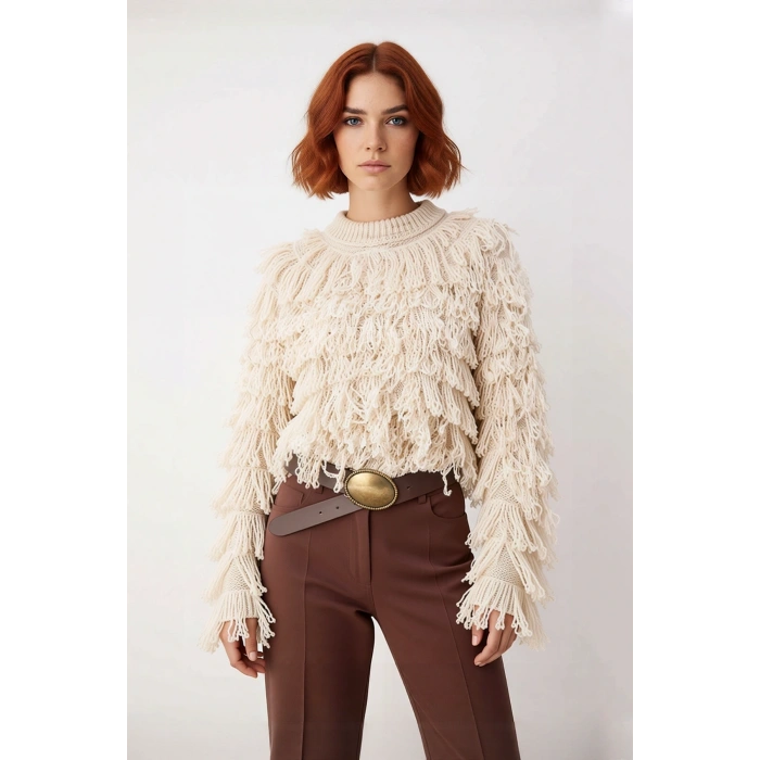 Kadın Standart Kol Püsküllü Triko Kazak Dokulu Yüzey Bisiklet Yaka Günlük Şık Kombinler İçin