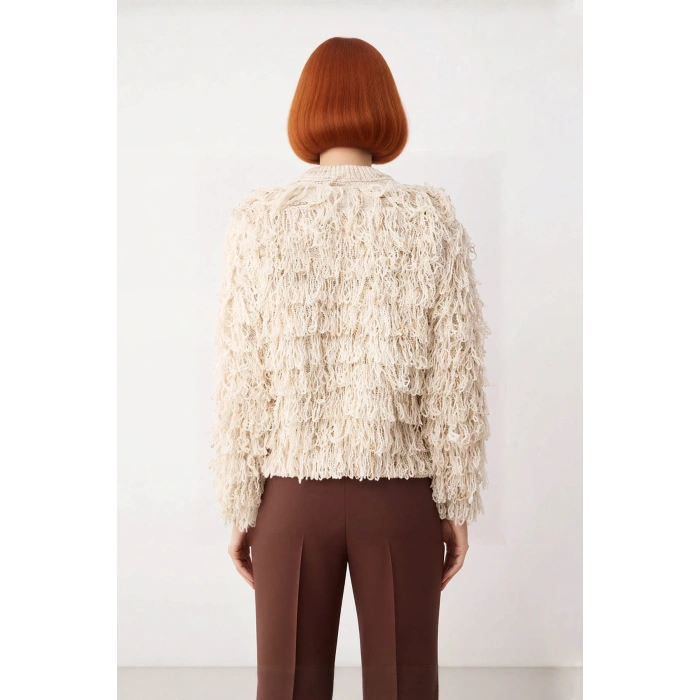 Kadın Standart Kol Püsküllü Triko Kazak Dokulu Yüzey Bisiklet Yaka Günlük Şık Kombinler İçin