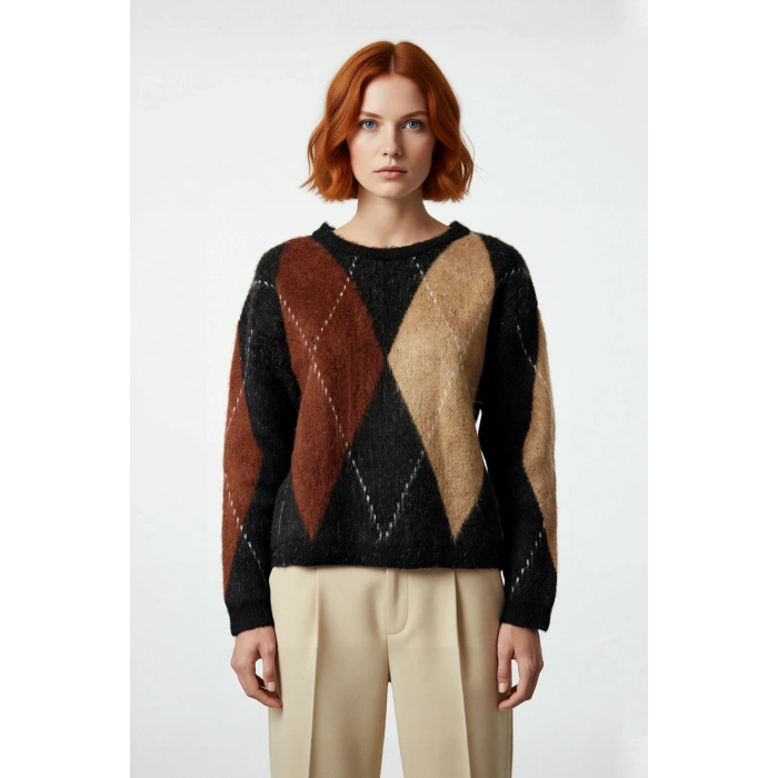 Kadın Standart Kol Rahat Kalıp Baklava Desenli Triko Kazak Kış Sezonu Günlük Kombinler İçin İdeal