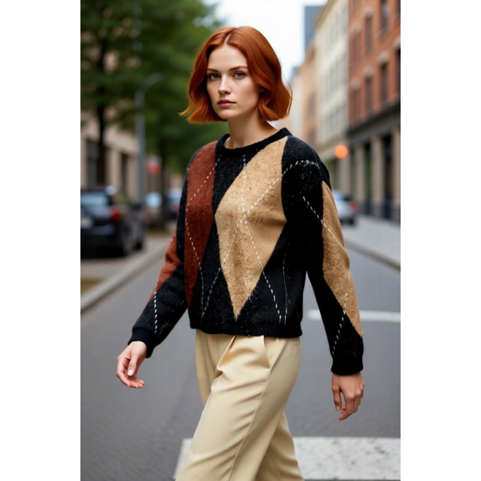 Kadın Standart Kol Rahat Kalıp Baklava Desenli Triko Kazak Kış Sezonu Günlük Kombinler İçin İdeal