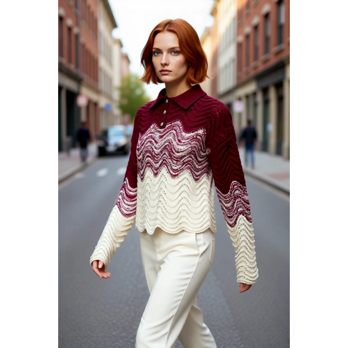 Kadın Standart Kollu Polo Yaka Triko Kazak Mücevher Düğmeli Crop Model Kışlık Rahat Tasarım