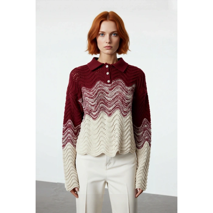 Kadın Standart Kollu Polo Yaka Triko Kazak Mücevher Düğmeli Crop Model Kışlık Rahat Tasarım