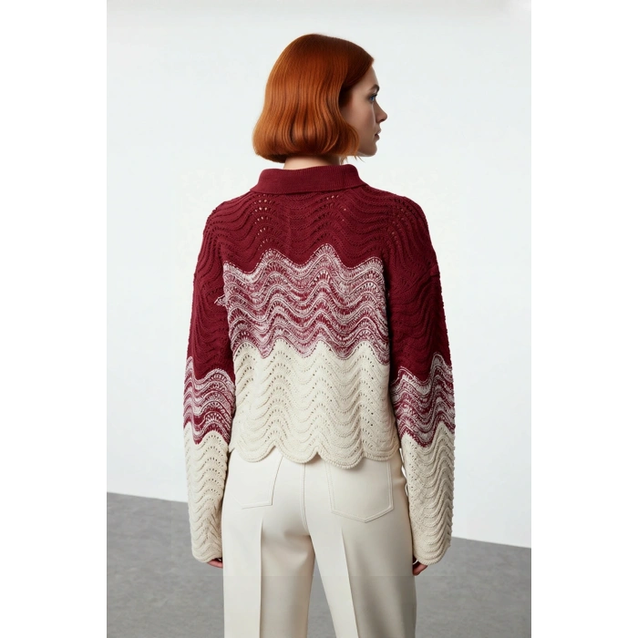 Kadın Standart Kollu Polo Yaka Triko Kazak Mücevher Düğmeli Crop Model Kışlık Rahat Tasarım