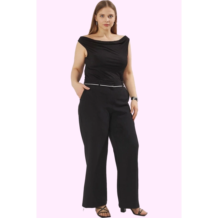 Kadın Straight Fit Büyük Beden Dokuma Pantolon Yüksek Bel Boru Paça Finike Günlük Kullanım