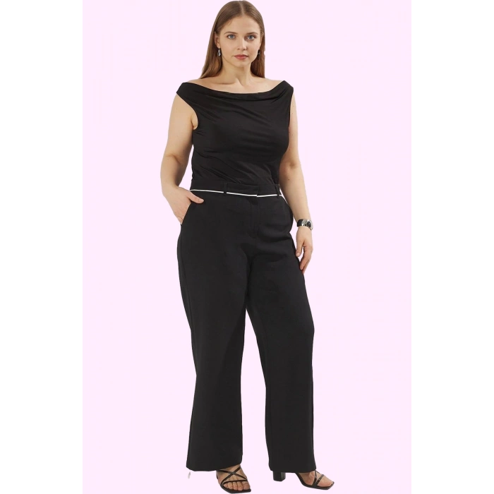 Kadın Straight Fit Büyük Beden Dokuma Pantolon Yüksek Bel Boru Paça Finike Günlük Kullanım