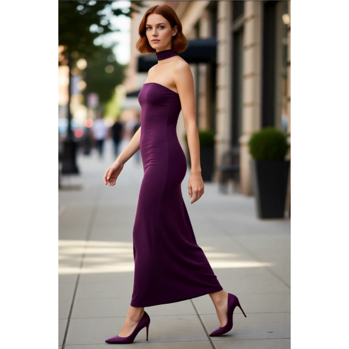 Kadın Straplez Skater Maxi Elbise Özel Davetler İçin Şık Ve Zarif Düz Örme Tasarım İle Göz