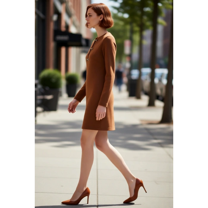 Kadın Süet Dokulu Shift Kalıp Uzun Kollu Mini Elbise Aksesuar Detaylı Bisiklet Yaka Kış Şıklığı