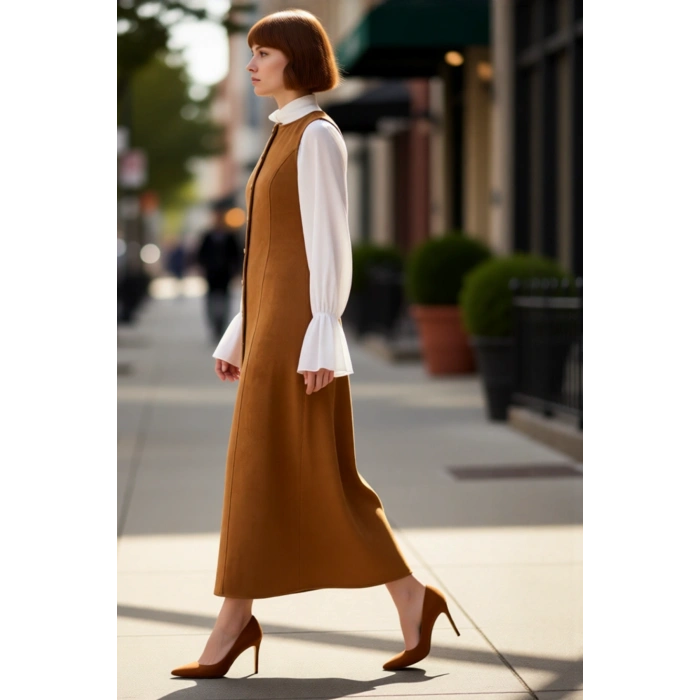 Kadın Süet Dokuma Düz Desen Bisiklet Yaka Kolsuz Maxi Boy Shift Kalıp Düğmeli Elbise Kaliteli