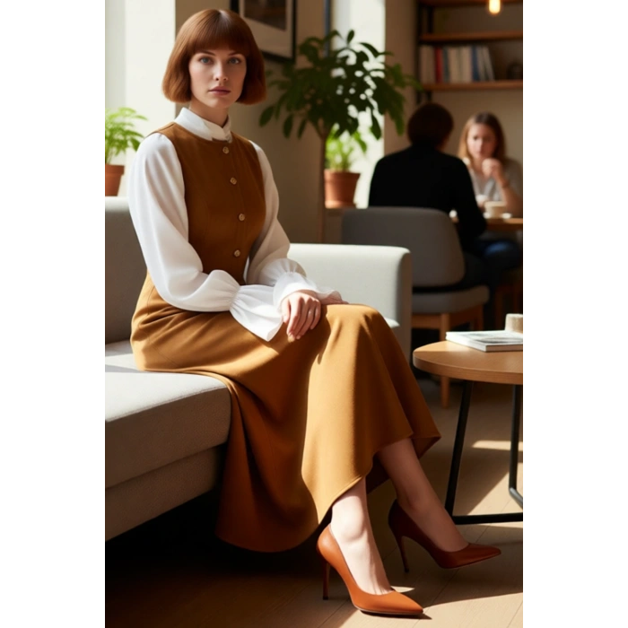 Kadın Süet Dokuma Düz Desen Bisiklet Yaka Kolsuz Maxi Boy Shift Kalıp Düğmeli Elbise Kaliteli