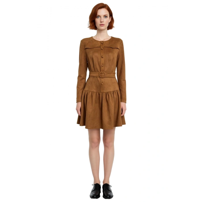 Kadın Süet Dokuma Skater Mini Elbise Kemer Detaylı Uzun Kollu Gündüz Şıklığıyla Öne Çıkar Kaliteli