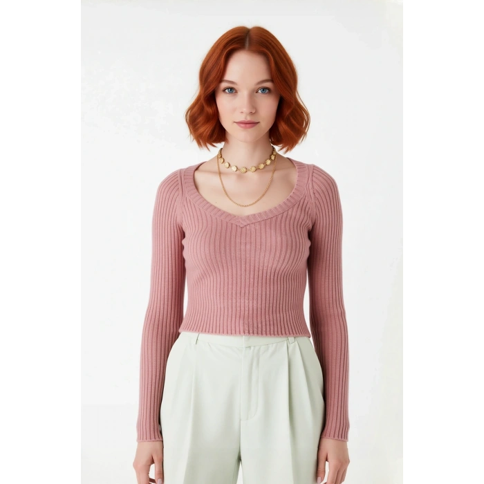 Kadın Super Crop Boy Triko V Yaka Kazak Fitted Kesim Reglan Kol Fitilli Doku Basic Tarz Casual