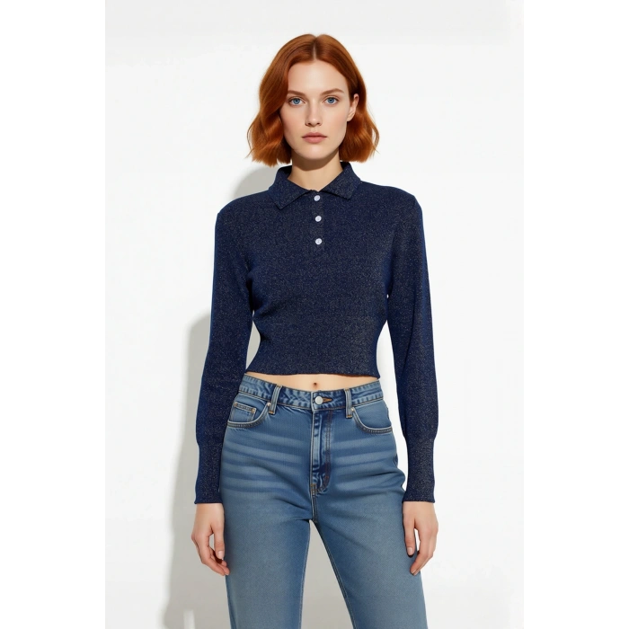 Kadın Super Crop Polo Yaka Simli İplik Triko Kazak Soğuk Kış ve Sonbahar Günlerinde Şıklığı Tamamlar