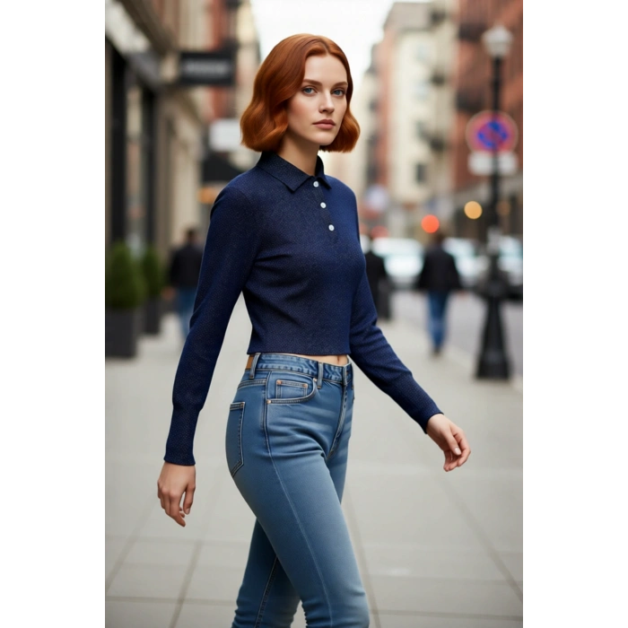 Kadın Super Crop Polo Yaka Simli İplik Triko Kazak Soğuk Kış ve Sonbahar Günlerinde Şıklığı Tamamlar