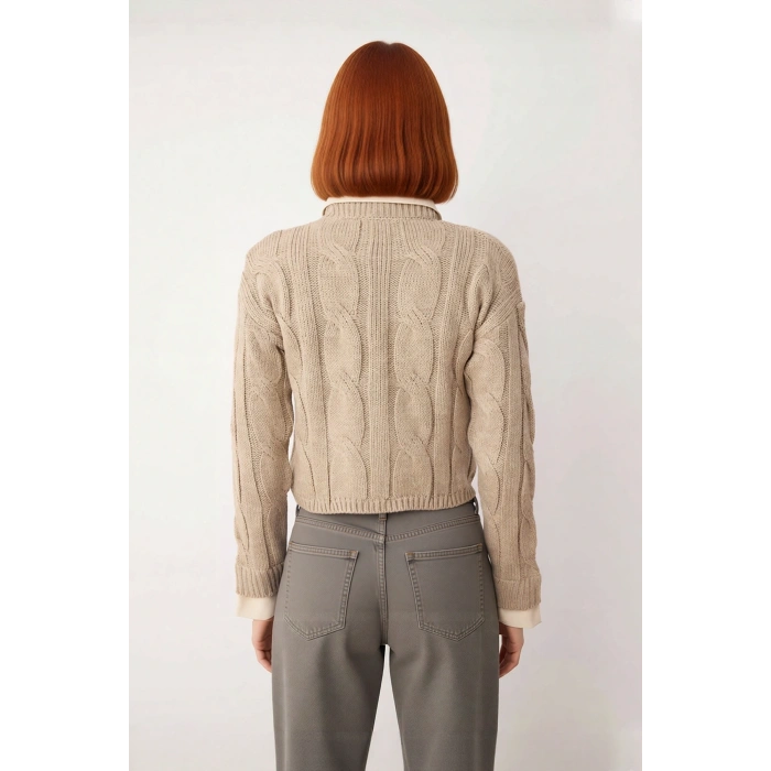 Kadın Süper Crop Triko Kazak Regular Kesim Gömlek Garnili Kışlık Akrilik Saç Örgü Detaylı Kaliteli