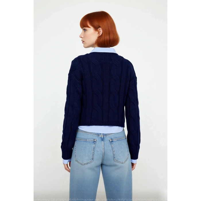 Kadın Süper Crop Triko Kazak Regular Kesim Gömlek Garnili Kışlık Akrilik Saç Örgü Detaylı Kaliteli