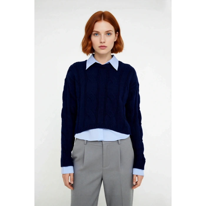 Kadın Süper Crop Triko Kazak Regular Kesim Gömlek Garnili Kışlık Akrilik Saç Örgü Detaylı Kaliteli