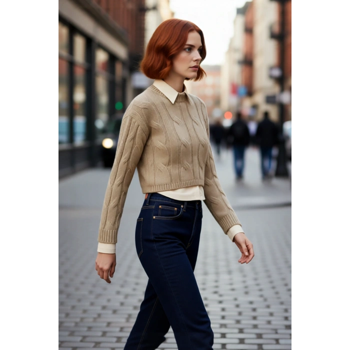 Kadın Süper Crop Triko Kazak Regular Kesim Gömlek Garnili Kışlık Akrilik Saç Örgü Detaylı Kaliteli