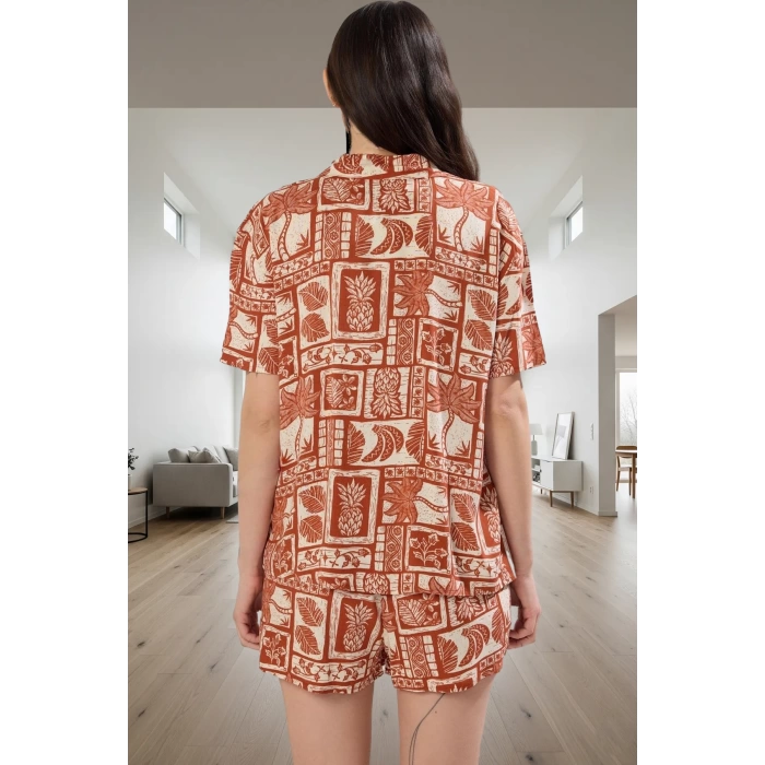 Kadın Tarçın Etnik Desenli Shally Pijama Takımı Rahat Yazlık Ev Giyim Seti Trend Tasarım Seçkin Malzeme