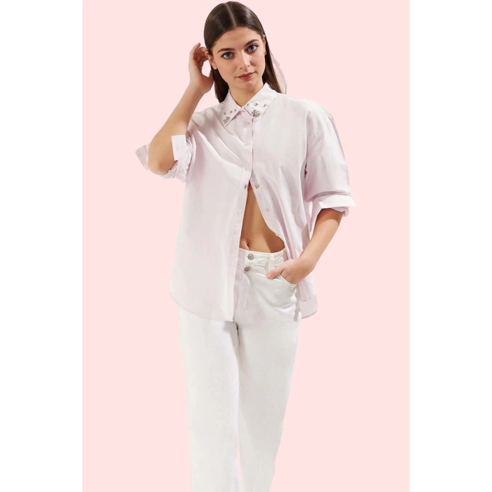 Kadın Taş Detaylı Gömlek Oversize Uzun Kollu Günlük Stil Hafta Sonu Yaz Aylarının Vazgeçilmezi