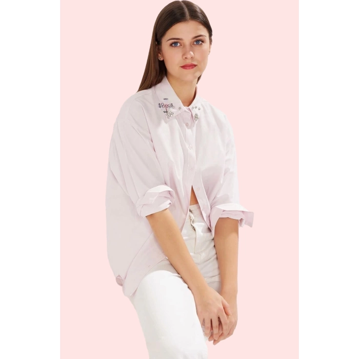 Kadın Taş Detaylı Gömlek Oversize Uzun Kollu Günlük Stil Hafta Sonu Yaz Aylarının Vazgeçilmezi