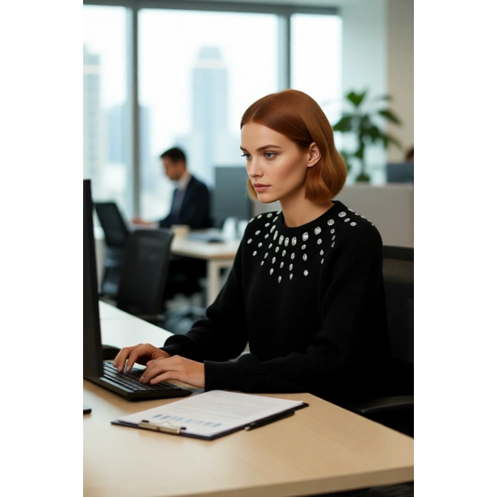 Kadın Taş Detaylı Yumuşak Dokulu Regular Kalıp Bisiklet Yaka Kışlık Triko Kazak Günlük Ve Şık