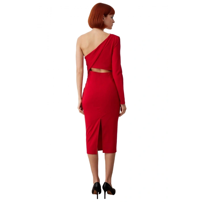 Kadın Tek Kol Uzun Kollu Bodycon Midi Asimetrik Yaka Dokuma Smart Kokteyl Elbisesi Stili Kaliteli