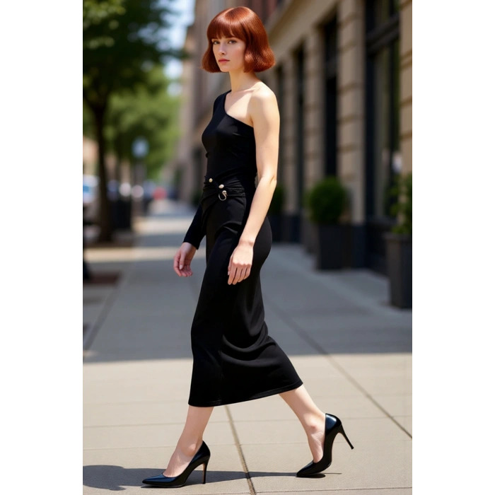 Kadın Tek Omuz Bodycon Örme Maxi Elbise Asimetrik Yaka Uzun Kol Aksesuar Detaylı Astarlı Kışlık