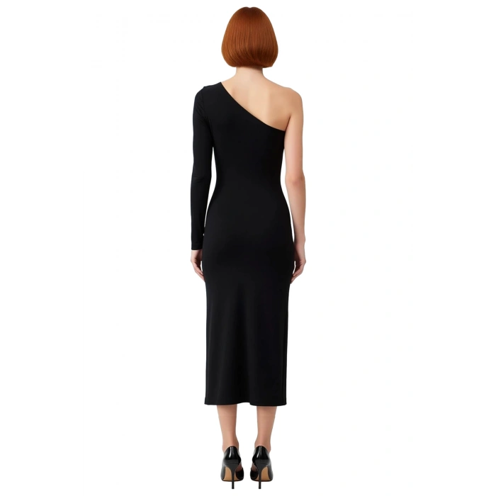 Kadın Tek Omuz Bodycon Örme Maxi Elbise Asimetrik Yaka Uzun Kol Aksesuar Detaylı Astarlı Kışlık