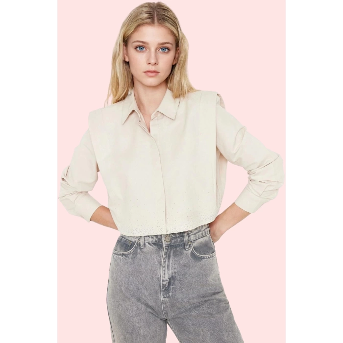 Kadın Terrycotton Dokuma Crop Gömlek Yaka Düz Desen Günlük ve Şık Kombinler İçin Hafta Sonu