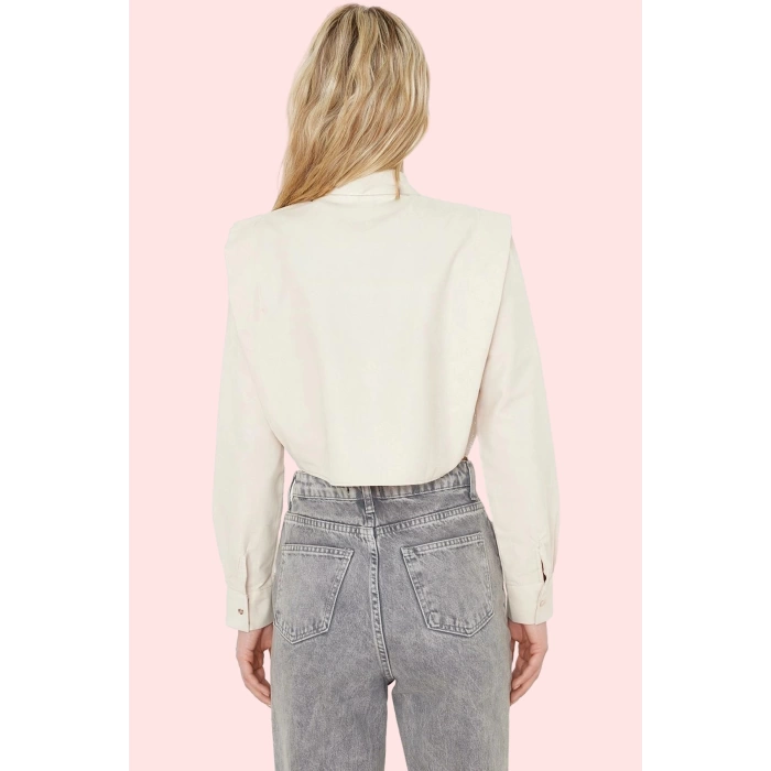 Kadın Terrycotton Dokuma Crop Gömlek Yaka Düz Desen Günlük ve Şık Kombinler İçin Hafta Sonu