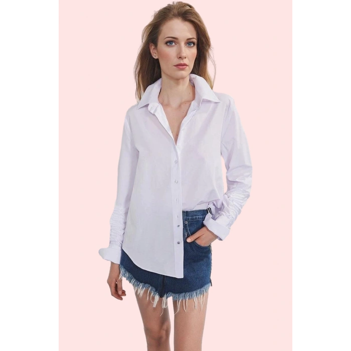 Kadın Terrycotton Dokuma Gömlek Büzgülü Kollarla Rahat Günlük Stil Yaz Aylarının Vazgeçilmezi