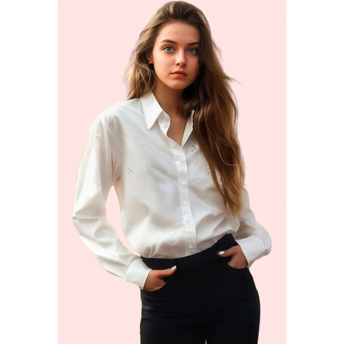 Kadın Terrycotton Dokuma Gömlek Oversize Taş Detaylı Günlük ve Şık Yaz Aylarının Vazgeçilmezi
