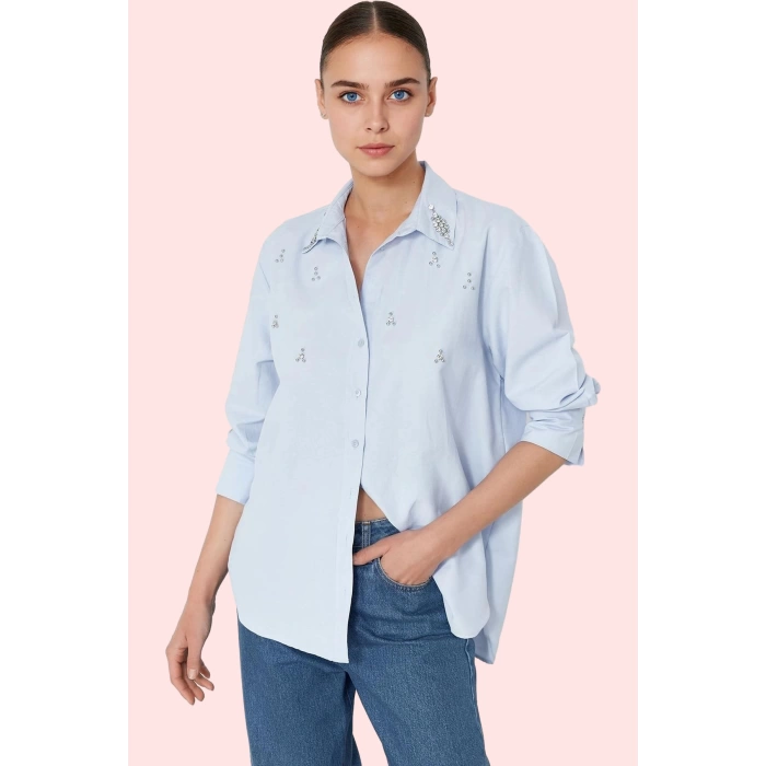 Kadın Terrycotton Dokuma Gömlek Oversize Taş Detaylı Günlük ve Şık Yaz Aylarının Vazgeçilmezi