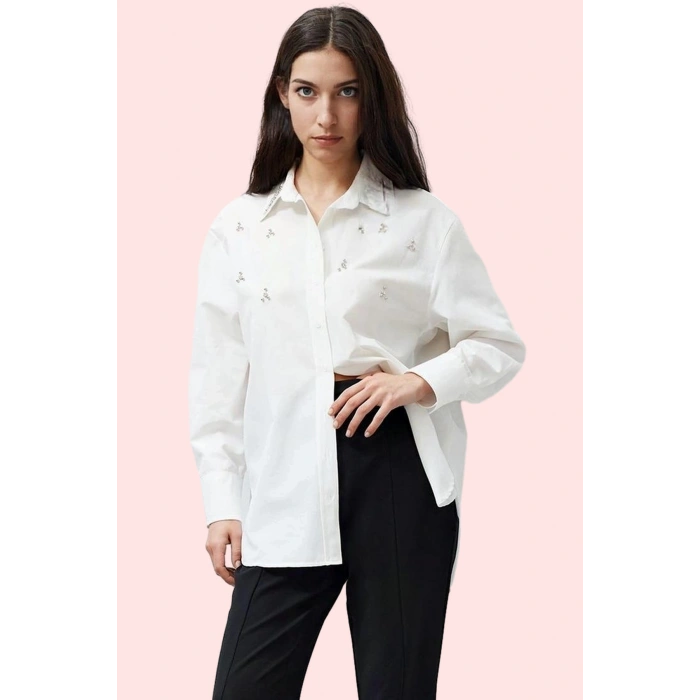 Kadın Terrycotton Dokuma Gömlek Oversize Taş Detaylı Günlük ve Şık Yaz Aylarının Vazgeçilmezi