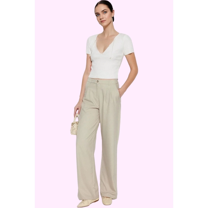 Kadın Terrycotton Dokuma Palazzo Pantolon Düz Desen Normal Bel Wide Leg Yaz Aylarının Vazgeçilmezi