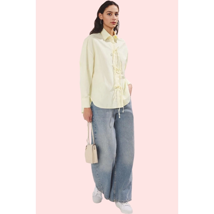 Kadın Terrycotton Dokuma Uzun Kollu Gömlek Bağcıklı Günlük Stil Yaz Aylarının Vazgeçilmezi