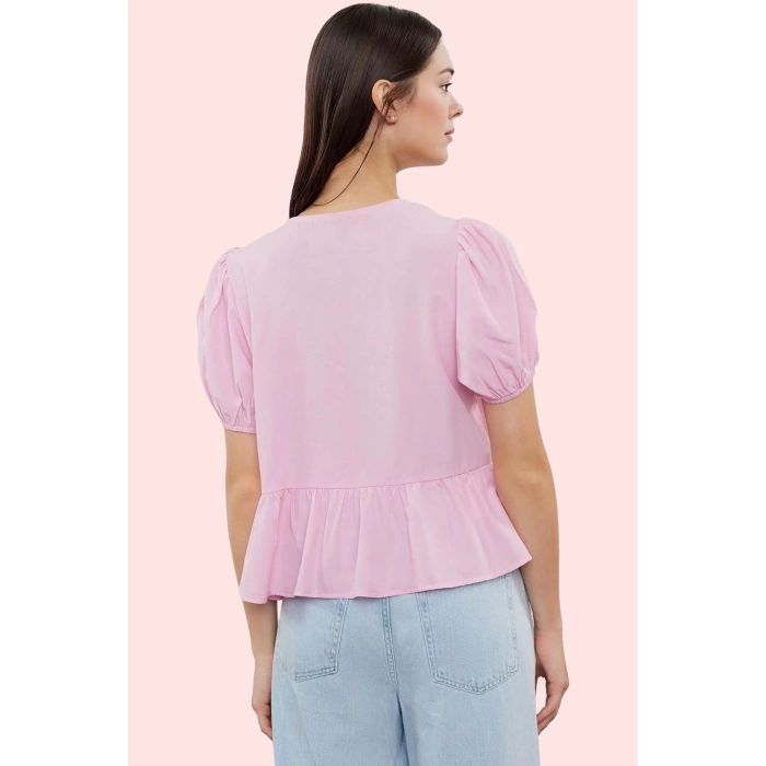 Kadın Terrycotton Kumaş Gömlek V Yaka Kısa Kollu Rahat Kesim Yaz Günlük Kullanım Hafta Sonu
