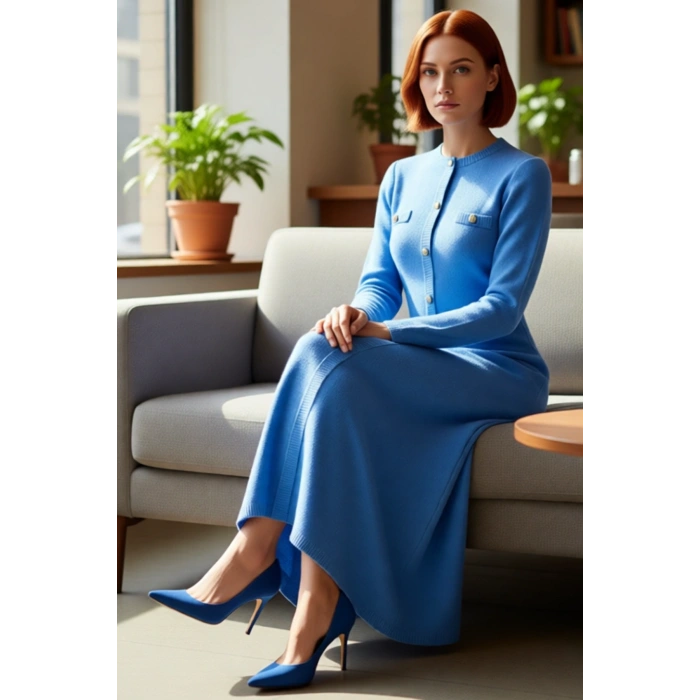 Kadın Tesettür A Line Maxi Triko Elbise Selanik Dokuma Standart Uzun Kol Bisiklet Yaka Düz Akrilik