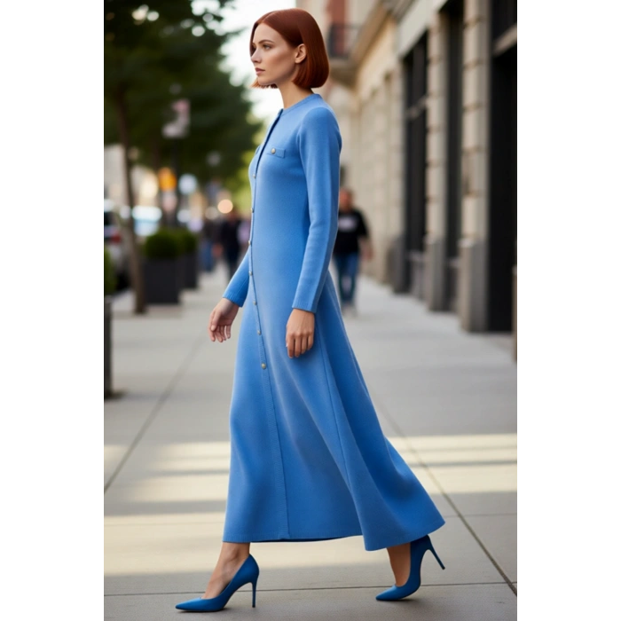 Kadın Tesettür A Line Maxi Triko Elbise Selanik Dokuma Standart Uzun Kol Bisiklet Yaka Düz Akrilik