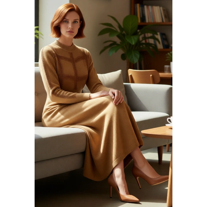 Kadın Tesettür Dantel Detaylı Balon Kol Dik Yaka Skater Maxi Triko Elbise Kış Kombinleri İçin İdeal