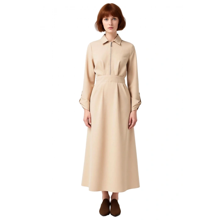 Kadın Tesettür Gabardin Dokuma Maxi Elbise Fermuar Detaylı Gömlek Yaka Düz A Kesim Kış Kaliteli