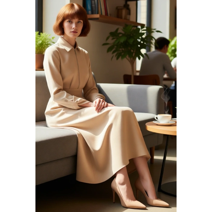 Kadın Tesettür Gabardin Dokuma Maxi Elbise Fermuar Detaylı Gömlek Yaka Düz A Kesim Kış Kaliteli