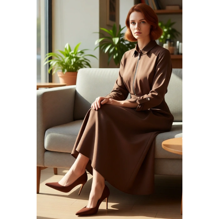 Kadın Tesettür Gabardin Dokuma Maxi Elbise Fermuar Detaylı Gömlek Yaka Düz A Kesim Kış Kaliteli