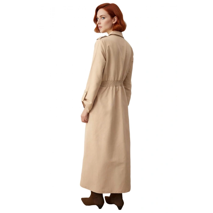 Kadın Tesettür Gabardin Dokuma Maxi Elbise Fermuar Detaylı Gömlek Yaka Düz A Kesim Kış Kaliteli