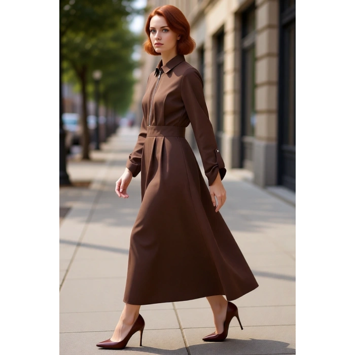 Kadın Tesettür Gabardin Dokuma Maxi Elbise Fermuar Detaylı Gömlek Yaka Düz A Kesim Kış Kaliteli