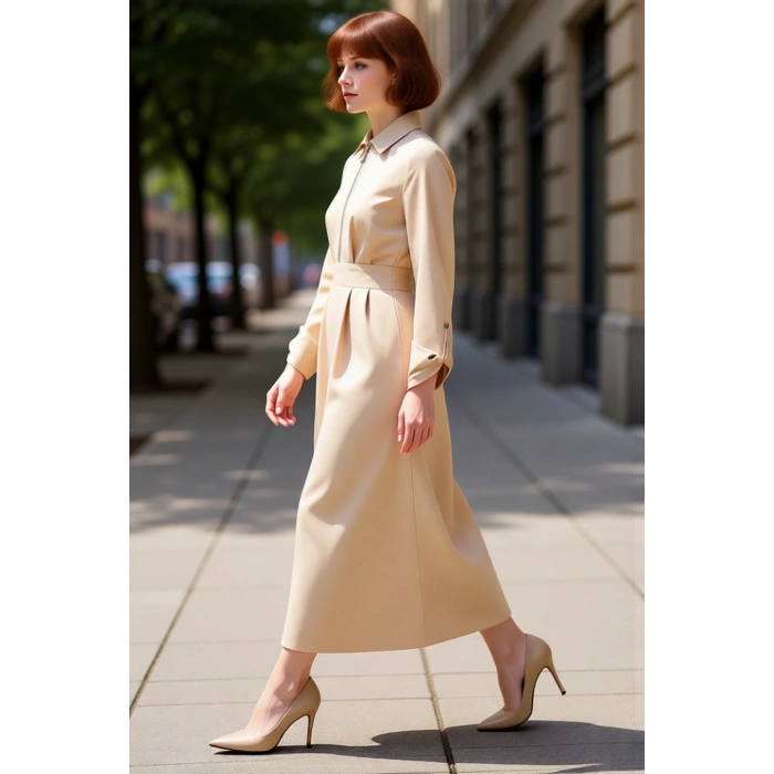 Kadın Tesettür Gabardin Dokuma Maxi Elbise Fermuar Detaylı Gömlek Yaka Düz A Kesim Kış Kaliteli